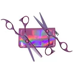 Фото Olivia Garden набор Silk Cut ThinkPink 2023 neon purple LE (ножиці прямі SKP5,75 5,75" + філірувальні SKPT635E 6,00" + чохол ліловий) - 1